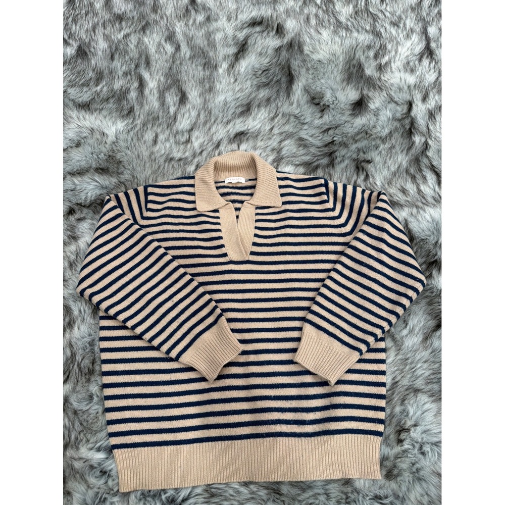 Demylee New York Striped Merino Wool Polo Sweater Tan Navy Blue Womens Medium
